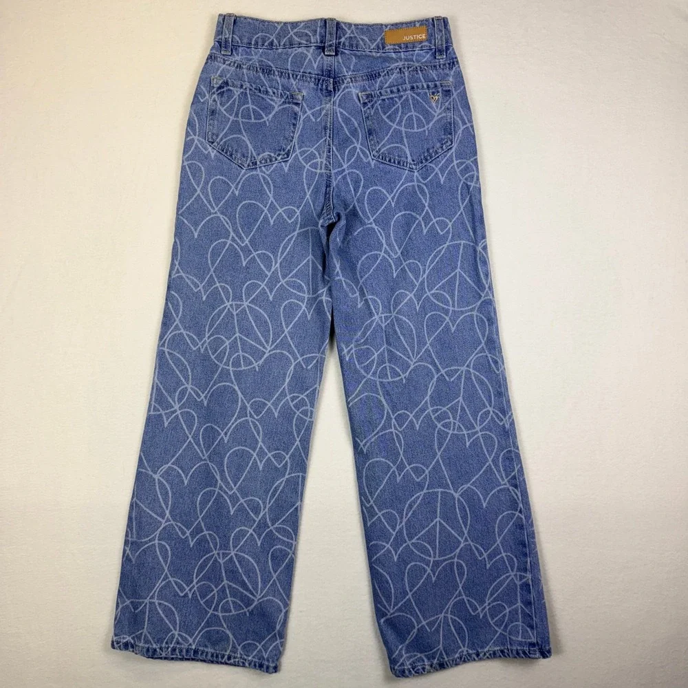 Y2K Wide Leg Jeans Blue Heart Peace Sign Print Retro Slouchy Girls Sz10 Kidcore